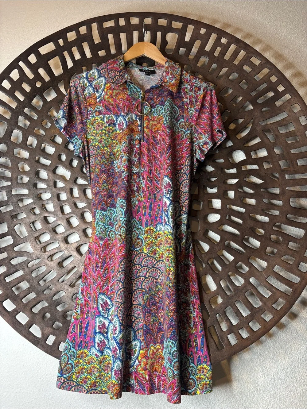💜 Boho Paisley Fit & Flare Shirt Dress Multicolor Flowy Lightweight Large MSK💜